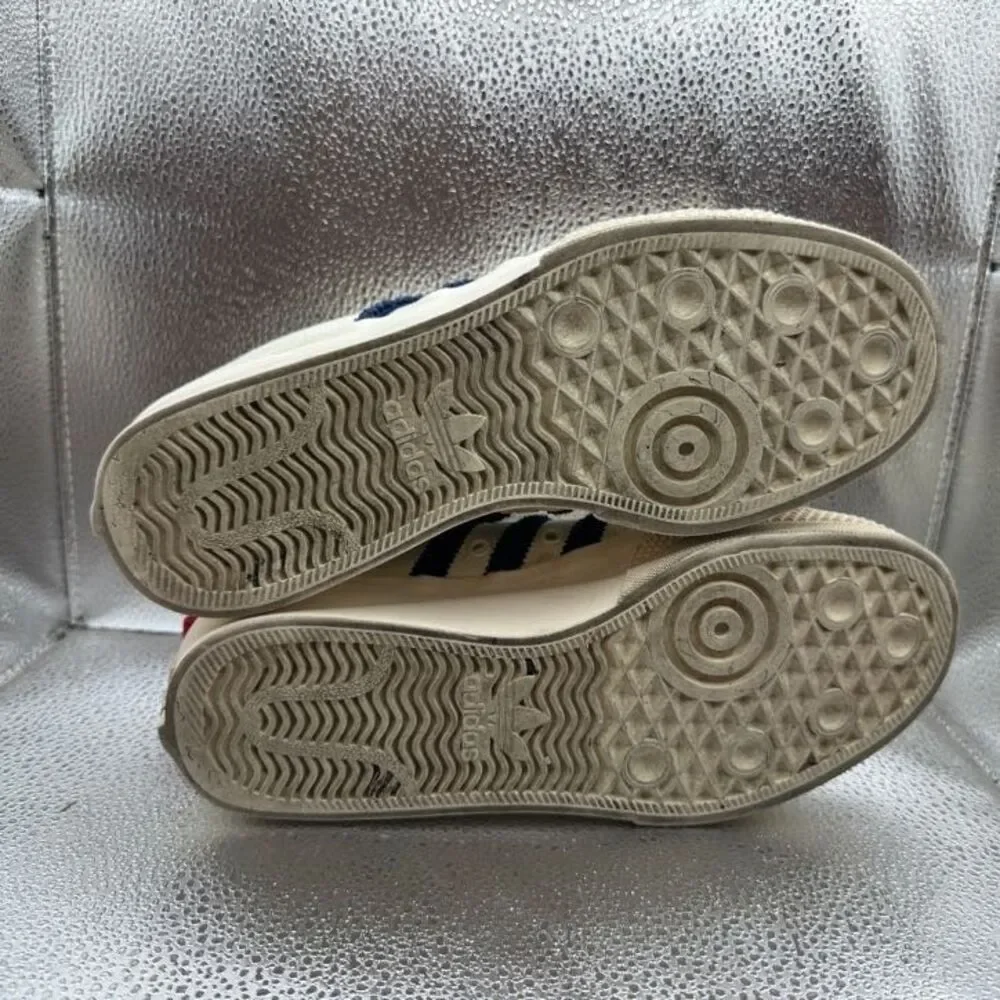 adidas Women's Cream Platform Sneakers with Navy Stripes and Red Logo